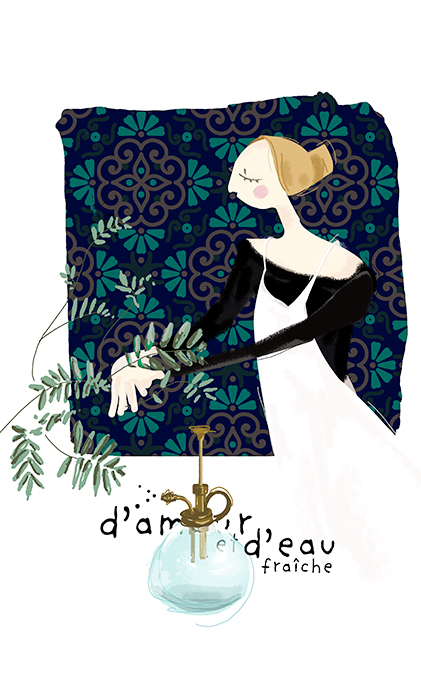 Illustration vectorielle de Nathalie Mineau représentant une jeune femme en tablier qui s'occupe des ses fougères
